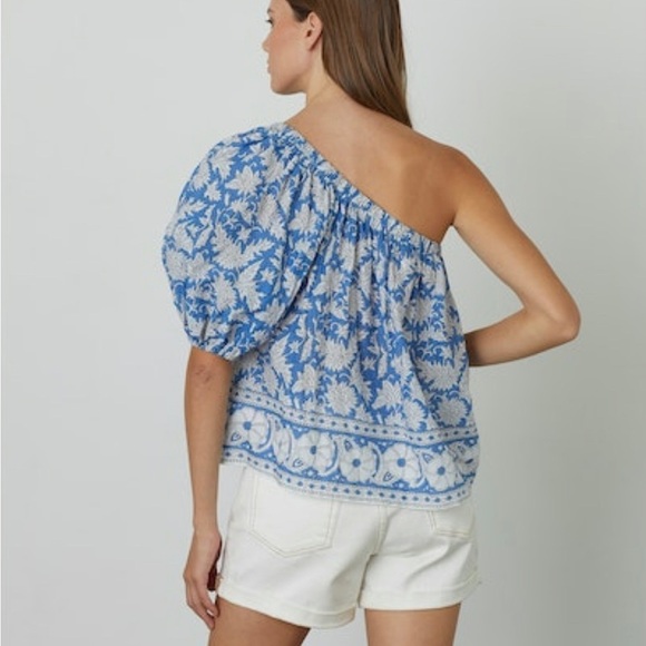 Velvet Graham & Spencer Size L One Shoulder Blouse Floral Puffed Sleeve - Picture 2 of 12